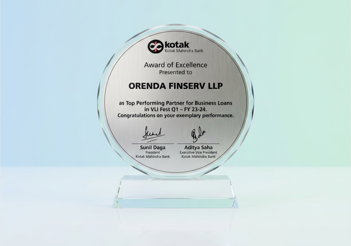 Award of Excellence from Kotak Mahindra Bank as Top Performing Partner for business loans (VLI Fest Q1, FY 23-24).